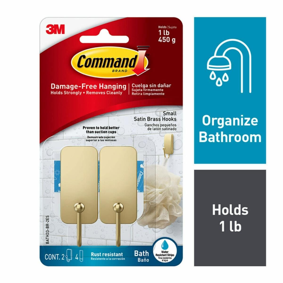 Command™ Bath Small Satin Brass Hook BATH33-BR-2ES, 2 Hooks, 4 Strips