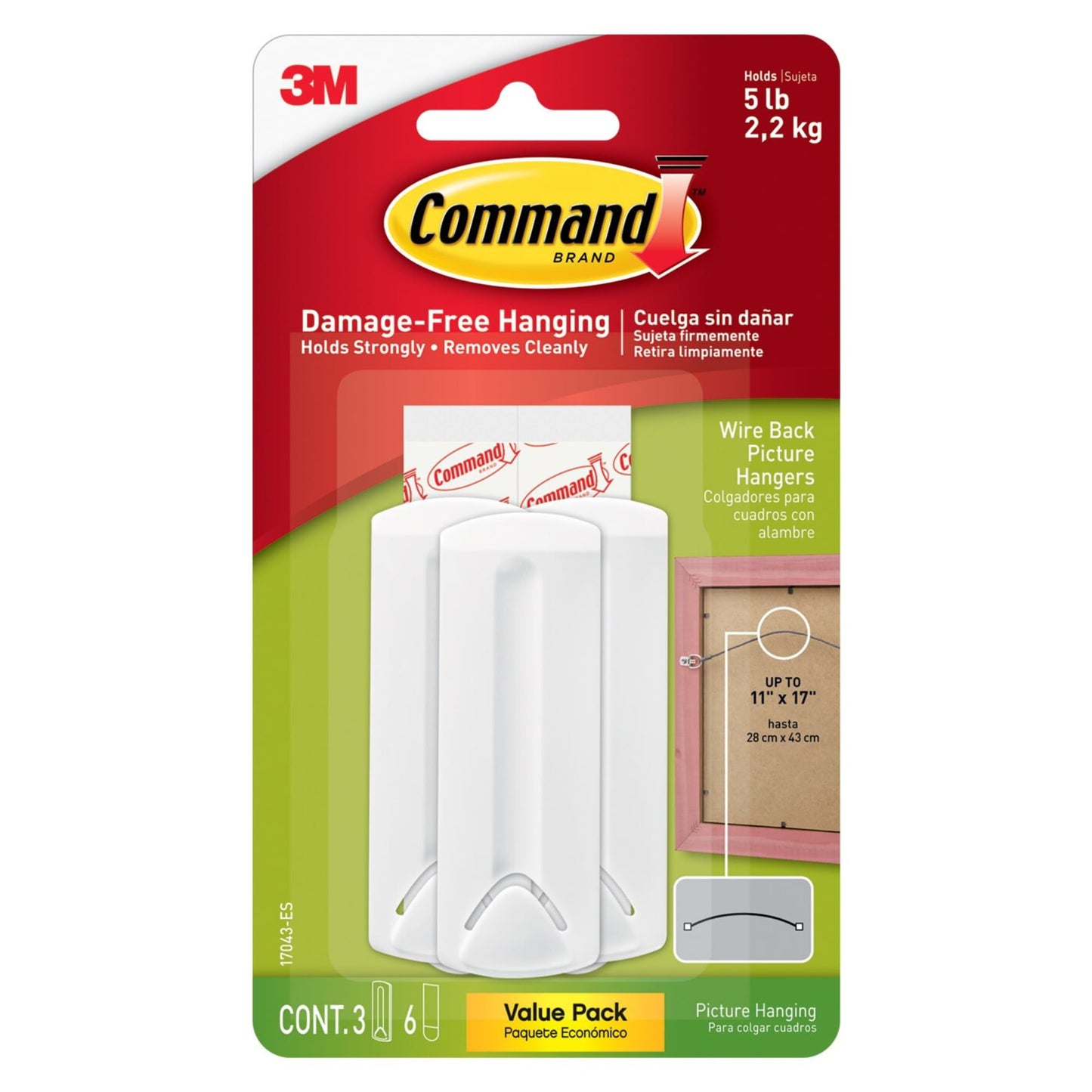 Command™ Wire Back Picture Hangers Value Pack 17043-ES, 3 hangers, 6 strips
