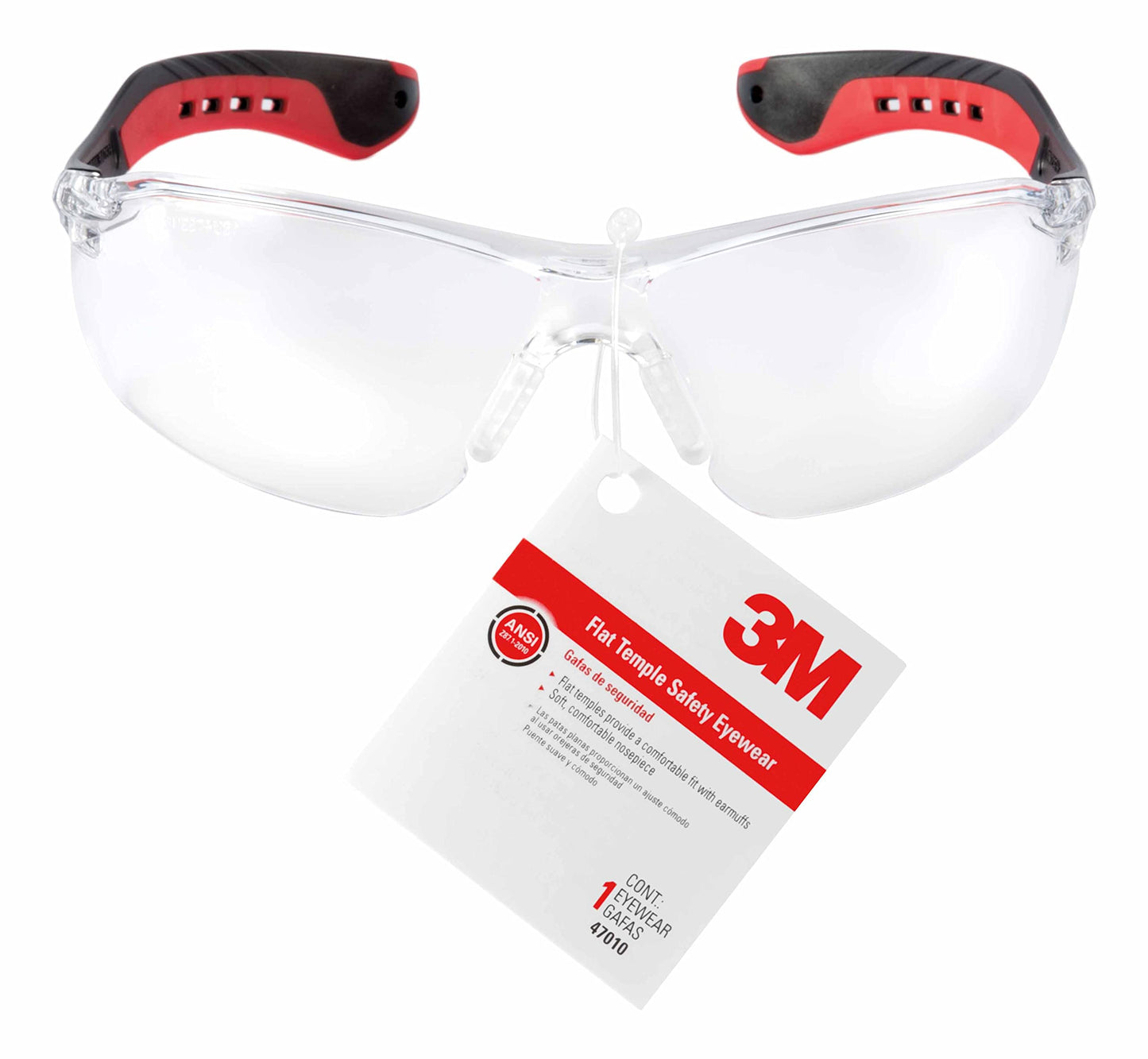 3M™ Flat Temple Safety Eyewear, 47010-HT6, Black/Red Frame, Clear/Scratch Resistant Lens, 6/case, 1 Eyewear