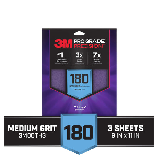 3M™ Pro Grade Precision™ Faster Sanding Sheets w/ NO-SLIP GRIP™ Backing SHR180-PGP-3T, 9 in x 11 in, 180 Gr, 3 Sht/pk