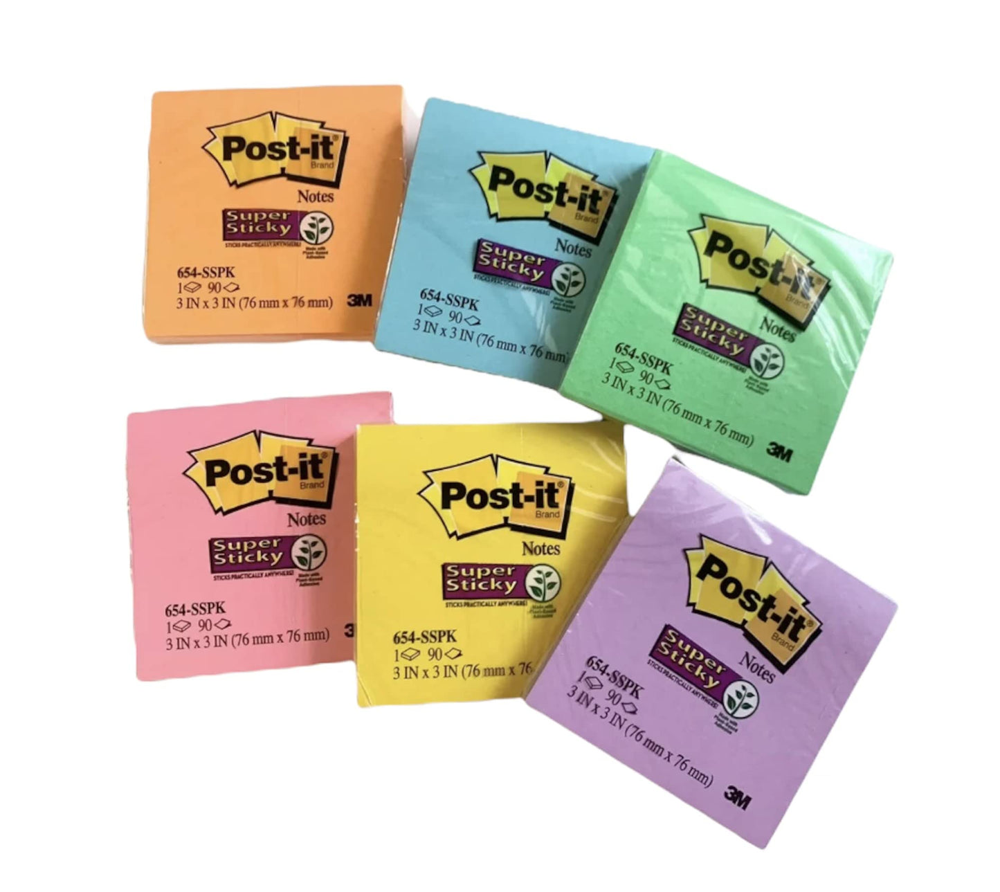 Post-it® Super Sticky Notes 654-SSPK, Assorted Colors, 3 in x 3 in (76 mm x 76 mm), 100% PEFC, SGSCH-PEFC-COC-110078