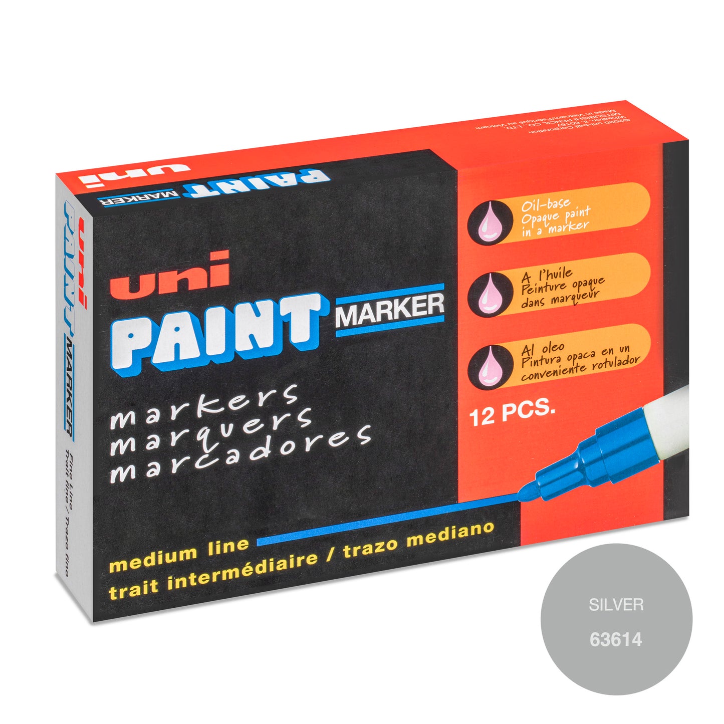 uni® Paint PX-20 Oil-Based Paint Markers, Medium Line (1.8-2.2mm), Silver, 12 Pack