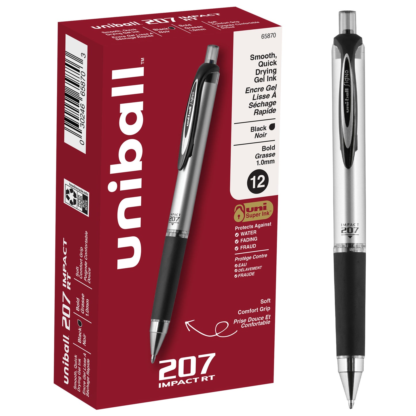 uniball™ 207 Impact Retractable Gel Pens, Bold Point (1.0mm), Black, 12 Pack