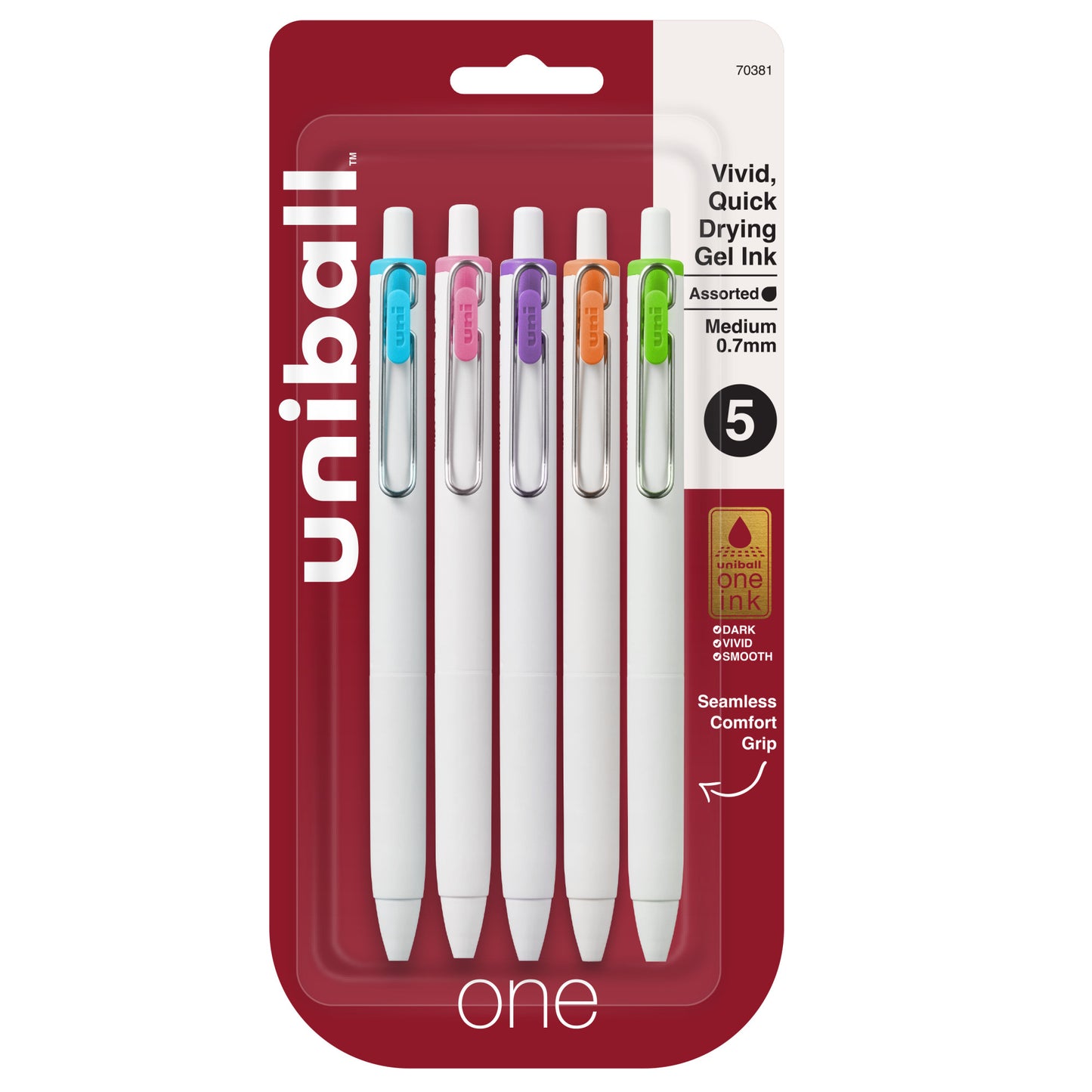 uniball™ one Retractable Gel Pens, Medium Point (0.7mm), Assorted Ink, 5 Pack