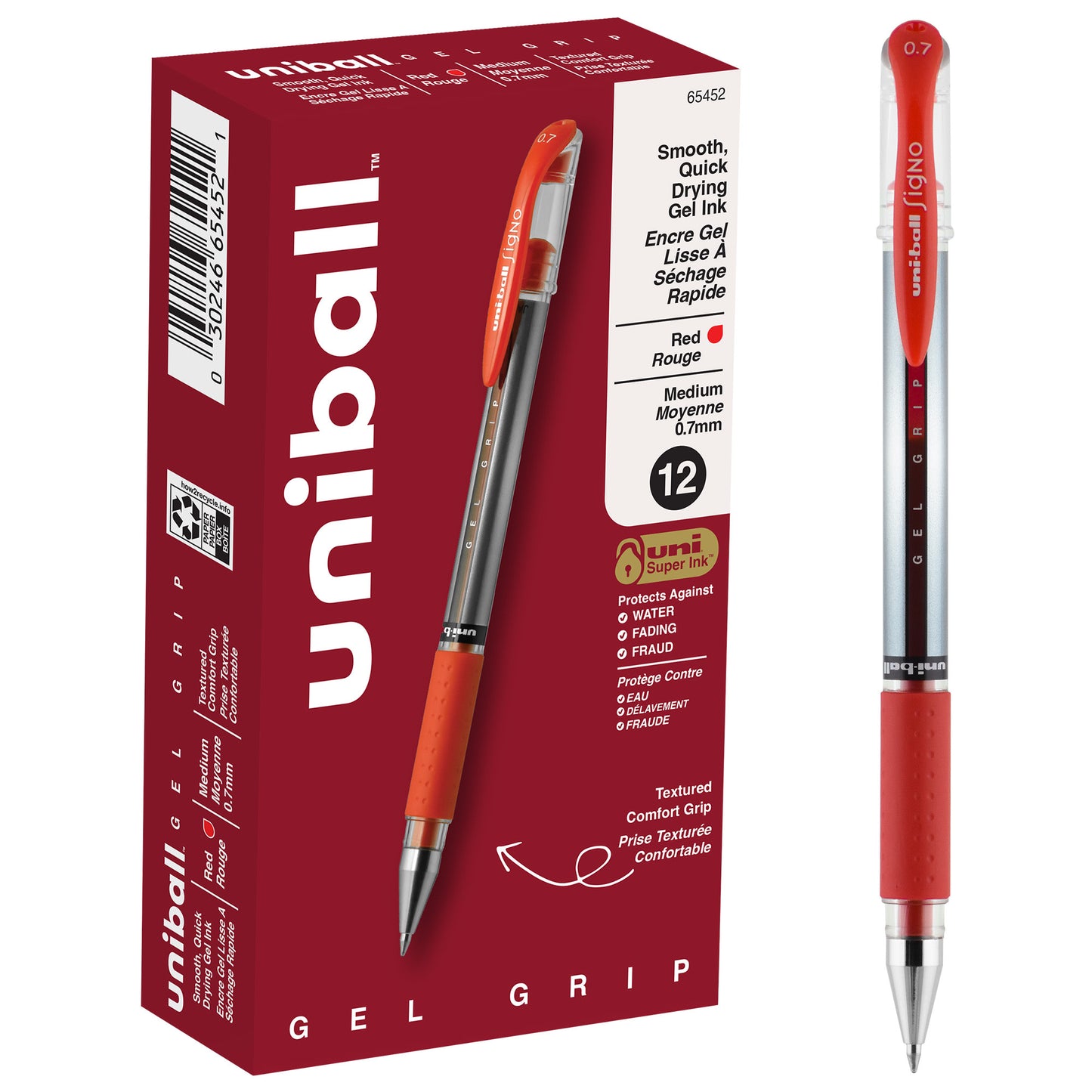 uniball™ Gel Grip Gel Pens, Medium Point (0.7mm), Red, 12 Pack