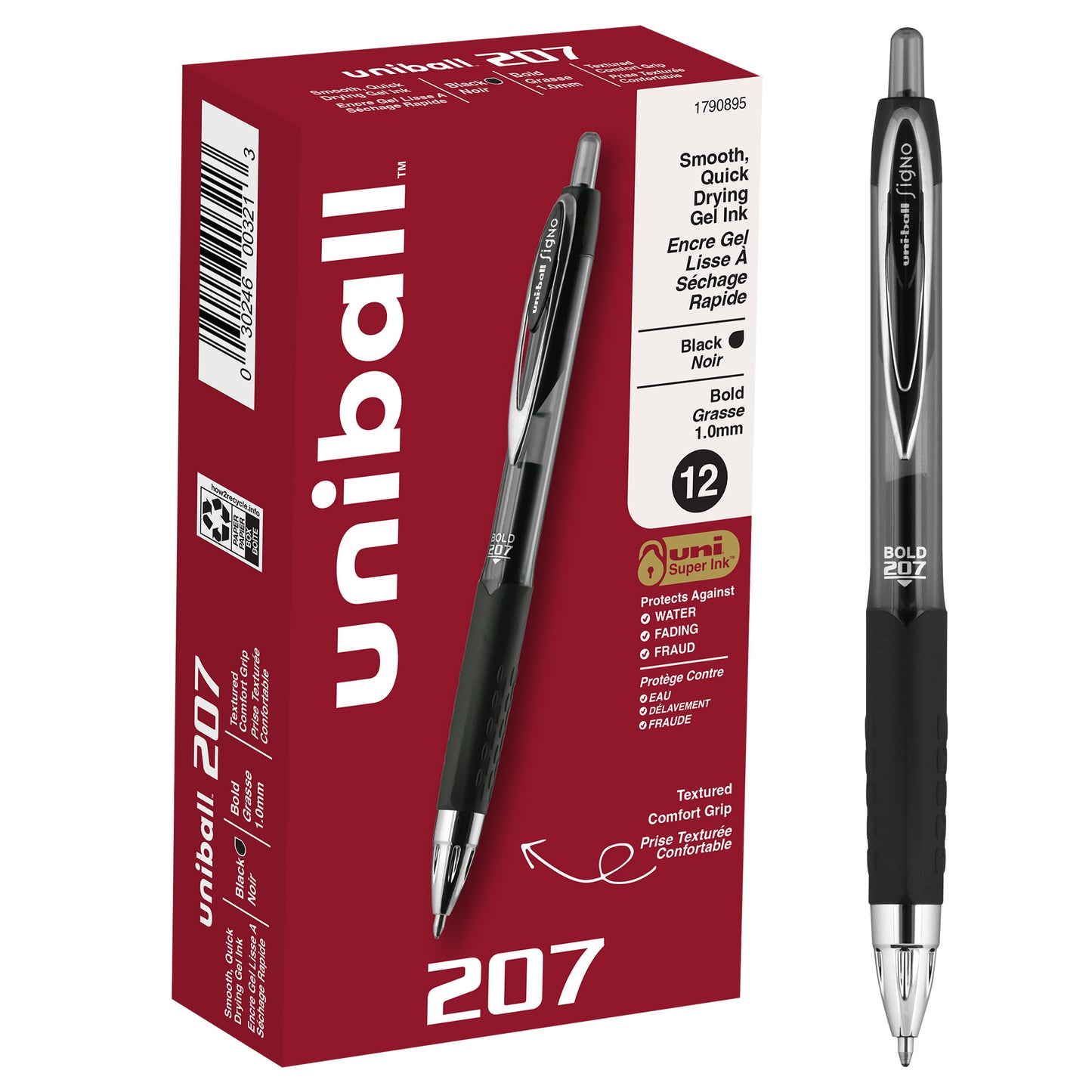 uniball™ 207 Retractable Gel Pens, Bold Point (1.0mm), Black, 12 Pack