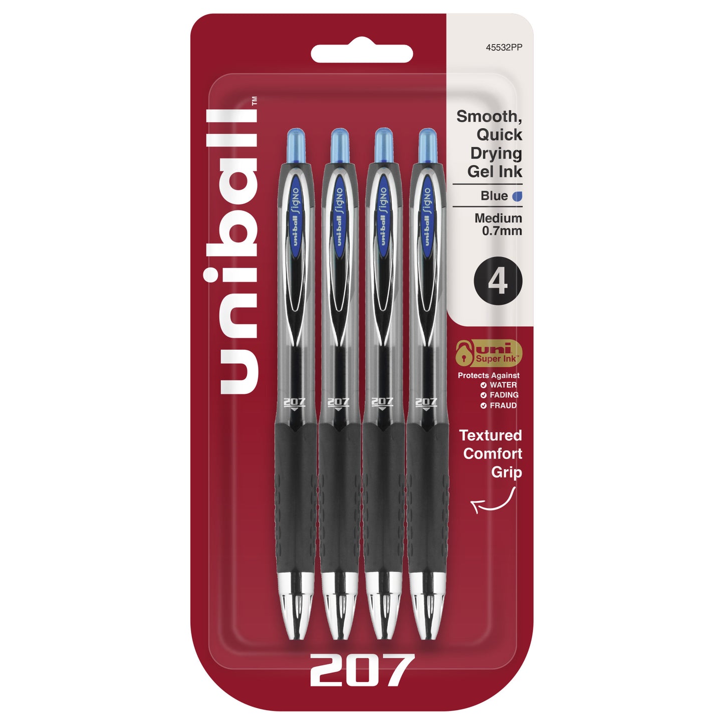 uniball™ 207 Retractable Gel Pens, Medium Point (0.7mm), Blue, 4 Pack