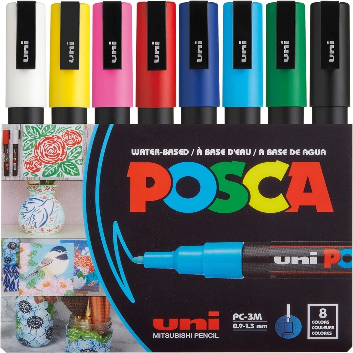 uni® POSCA PC-3M Water-Based Paint Markers, Reversible Fine Tip (0.9-1.3mm), Assorted Colors, 8 Pack