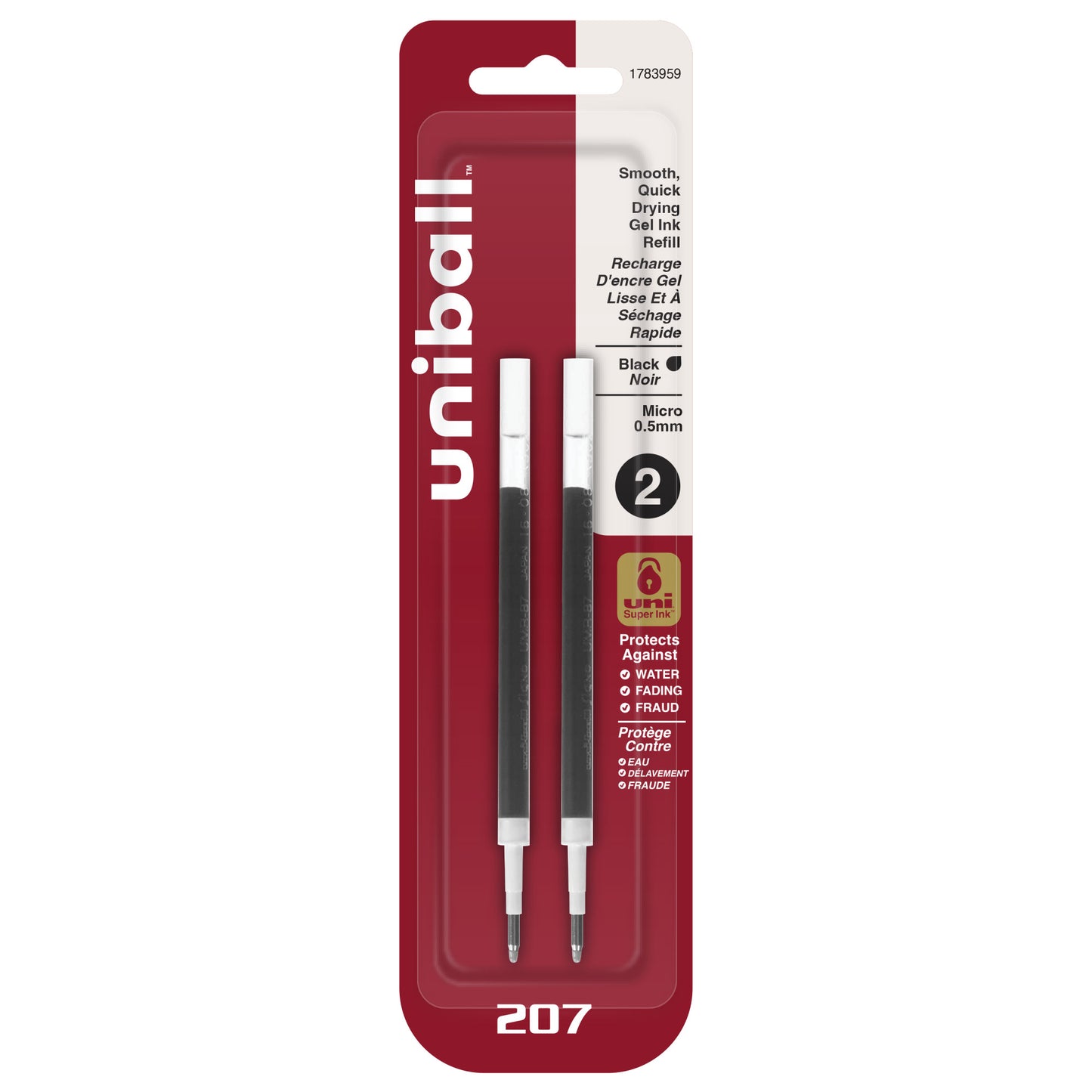 uniball™ 207 Retractable Gel Pen Refills, Micro Point (0.5mm), Black, 2 Pack