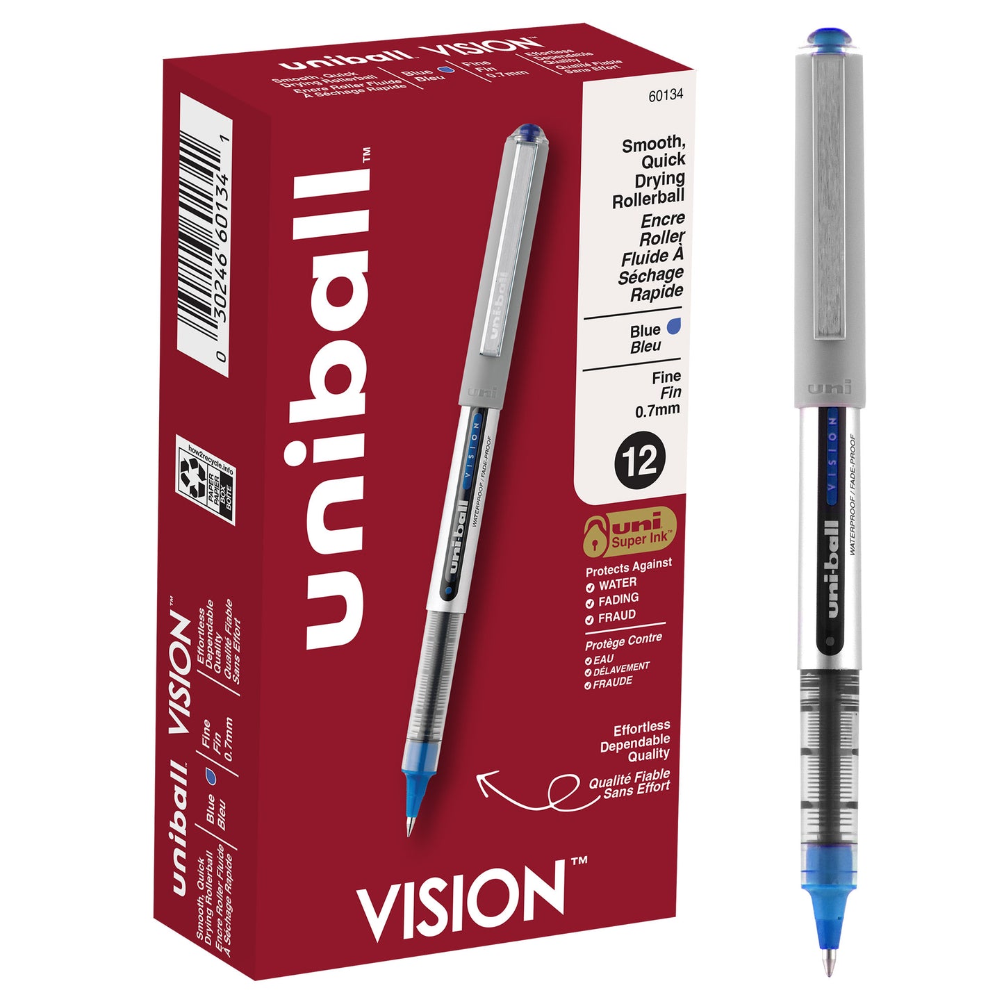 uniball™ Vision Rollerball Pens, Fine Point (0.7mm), Blue, 12 Pack