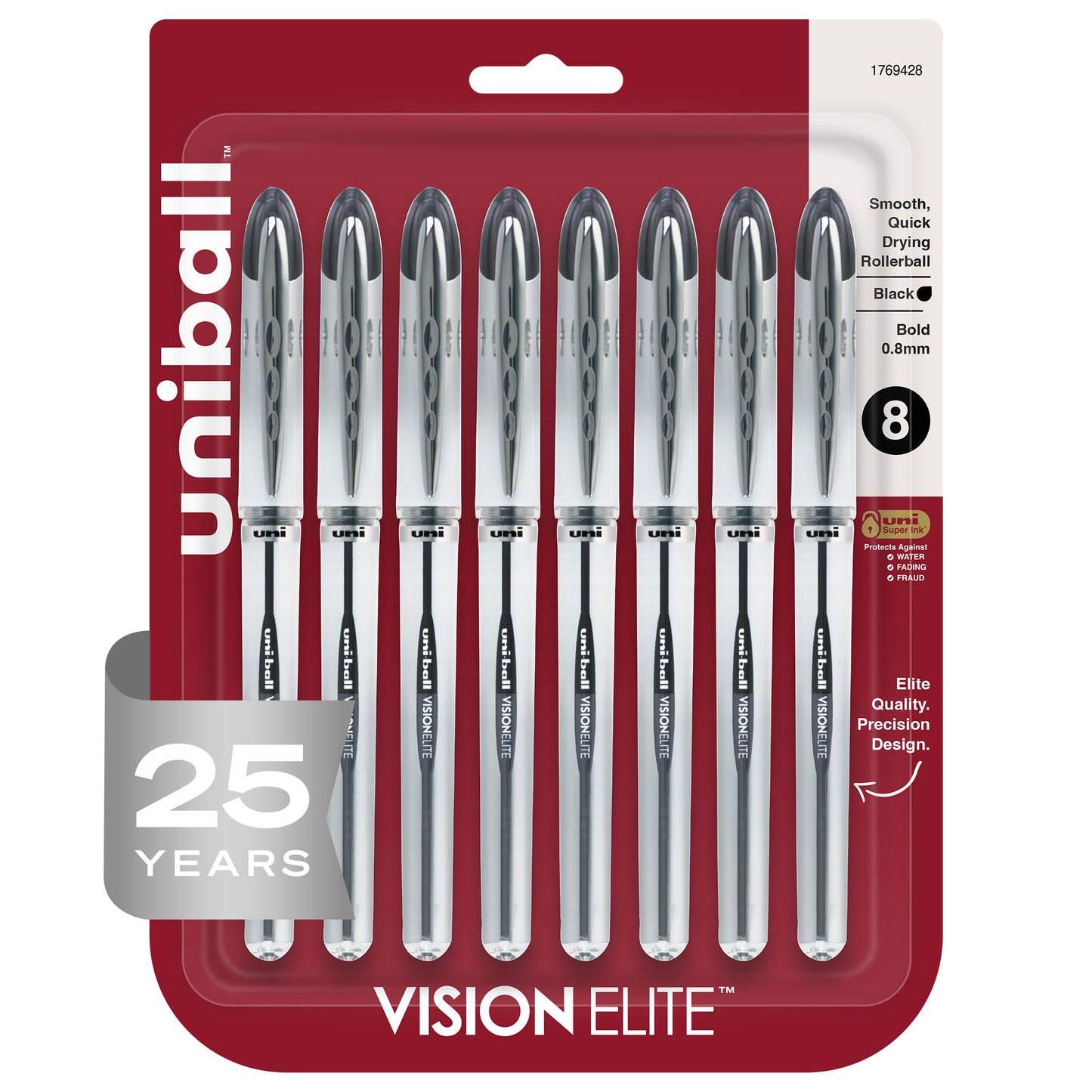 uniball™ Vision Elite Rollerball Pens, Bold Point (0.8mm), Black, 8 Pack