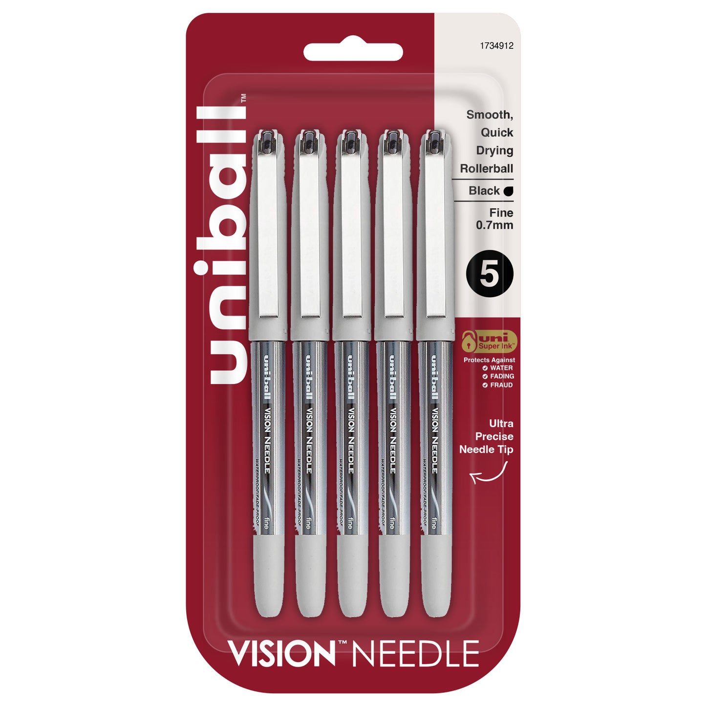 uniball™ Vision Needle Rollerball Pens, Fine Point (0.7mm), Black, 5 Pack