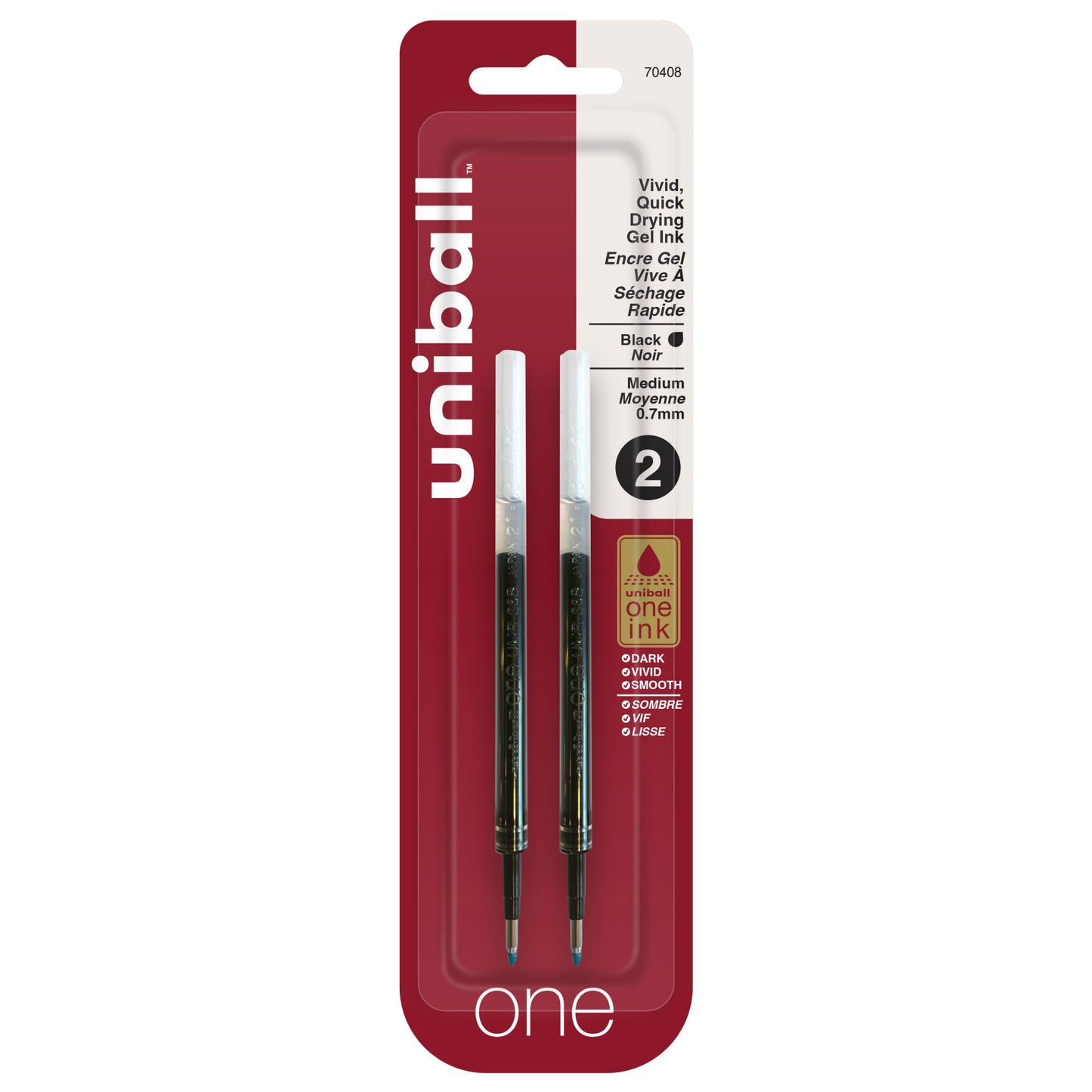 uniball™ one Retractable Gel Pen Refills, Medium Point (0.7mm), Black, 2 Pack