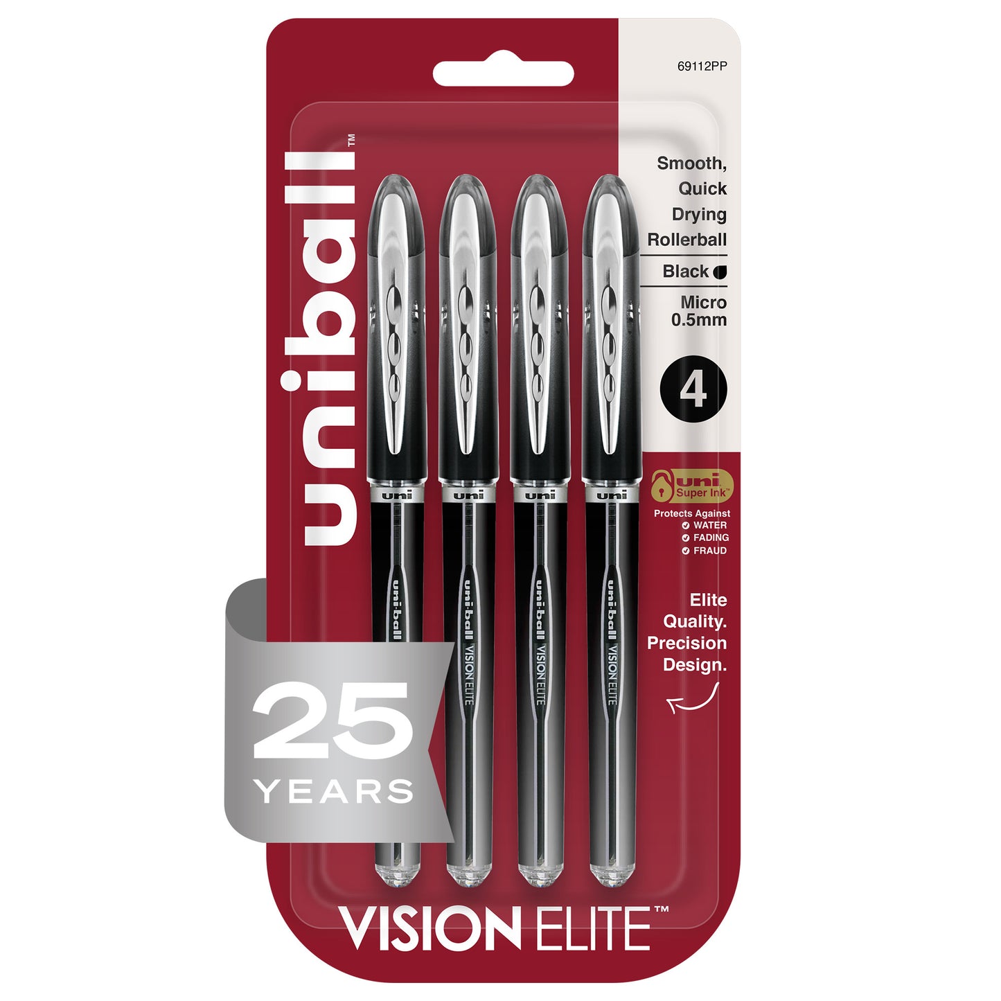 uniball™ Vision Elite Rollerball Pens, Micro Point (0.5mm), Black, 4 Pack