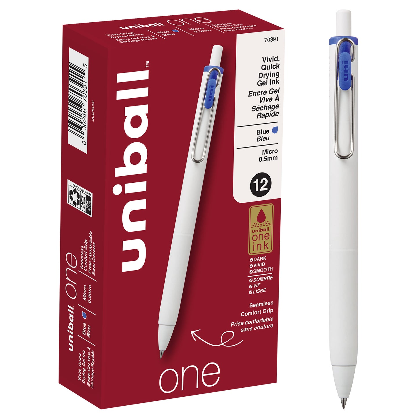 uniball™ one Retractable Gel Pens, Micro Point (0.5mm), Blue Ink, 12 Pack