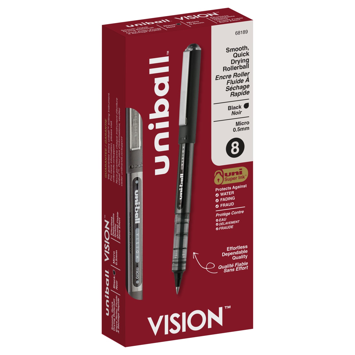 uniball™ Vision Rollerball Pens, Micro Point (0.5mm), Black, 8 Pack