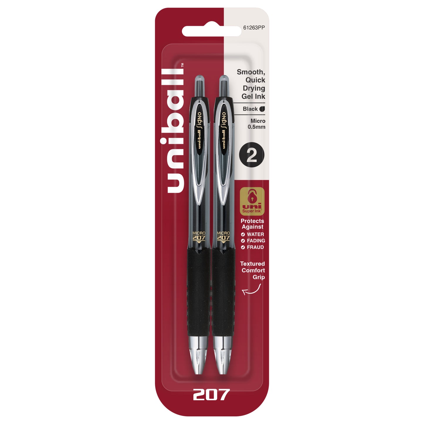 uniball™ 207 Retractable Gel Pens, Micro Point (0.5mm), Black, 2 Pack