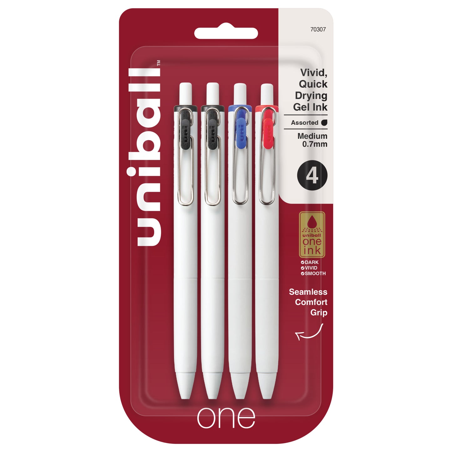 uniball™ one Retractable Gel Pens, Medium Point (0.7mm), Black, Blue & Red Ink, 4 Pack