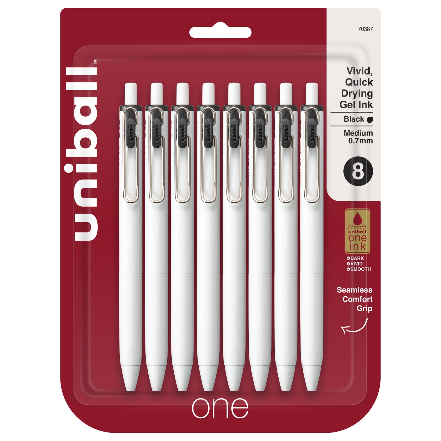 uniball™ one Retractable Gel Pens, Medium Point (0.7mm), Black Ink, 8 Pack