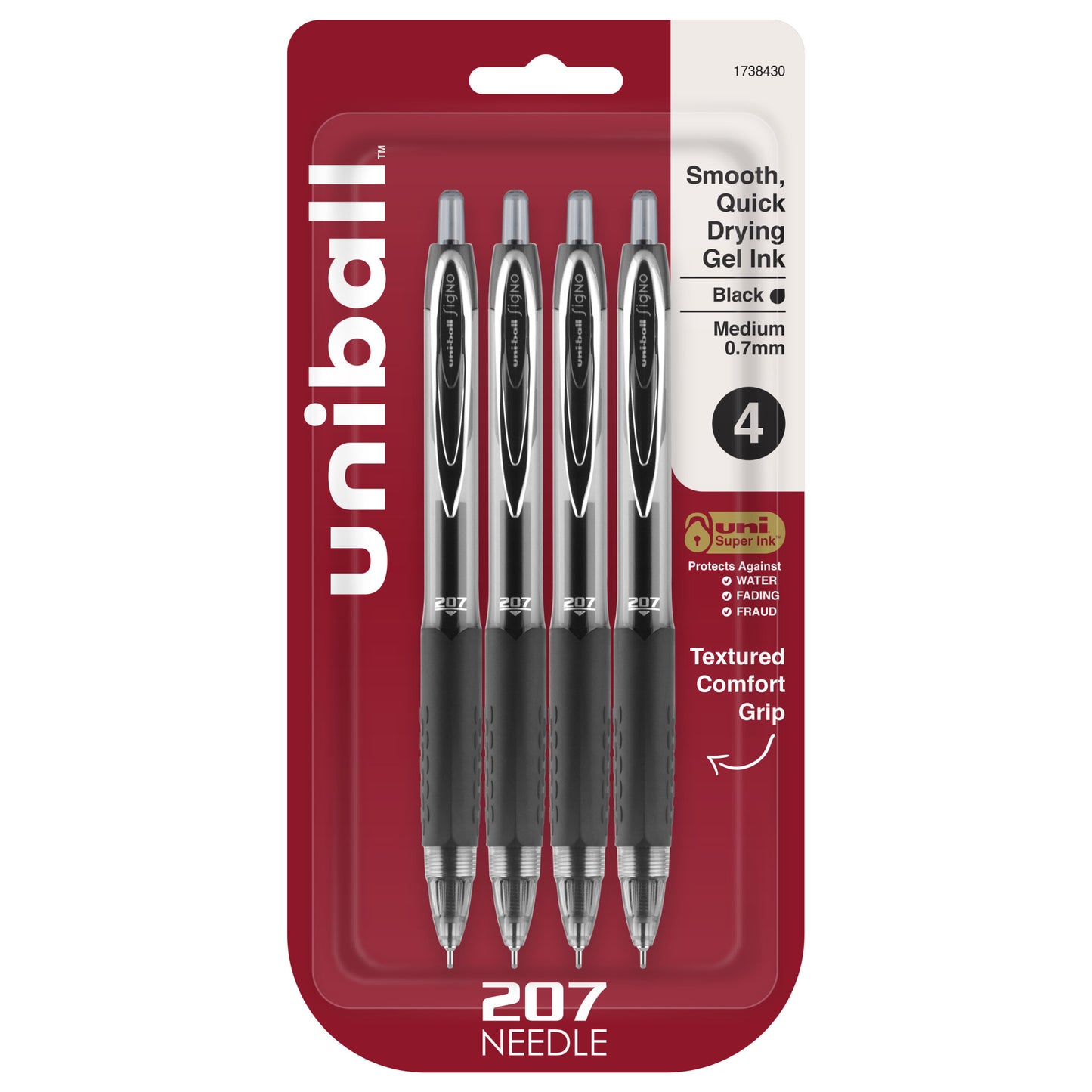 uniball™ 207 Needle Retractable Gel Pens, Medium Point (0.7mm), Black, 4 Pack