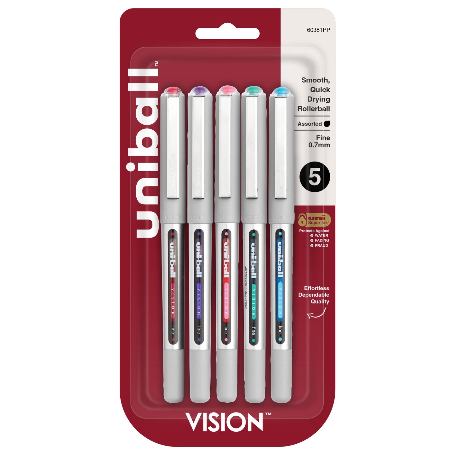 uniball™ Vision Rollerball Pens, Fine Point (0.7mm), Assorted Colors, 5 Pack