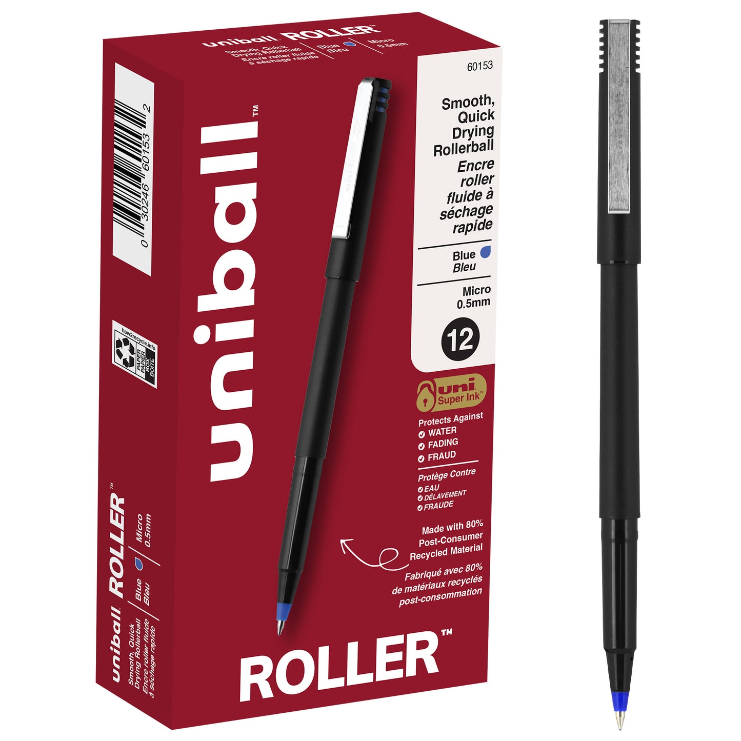 uniball™ Roller Rollerball Pens, Micro Point (0.5mm), Blue, 12 Pack