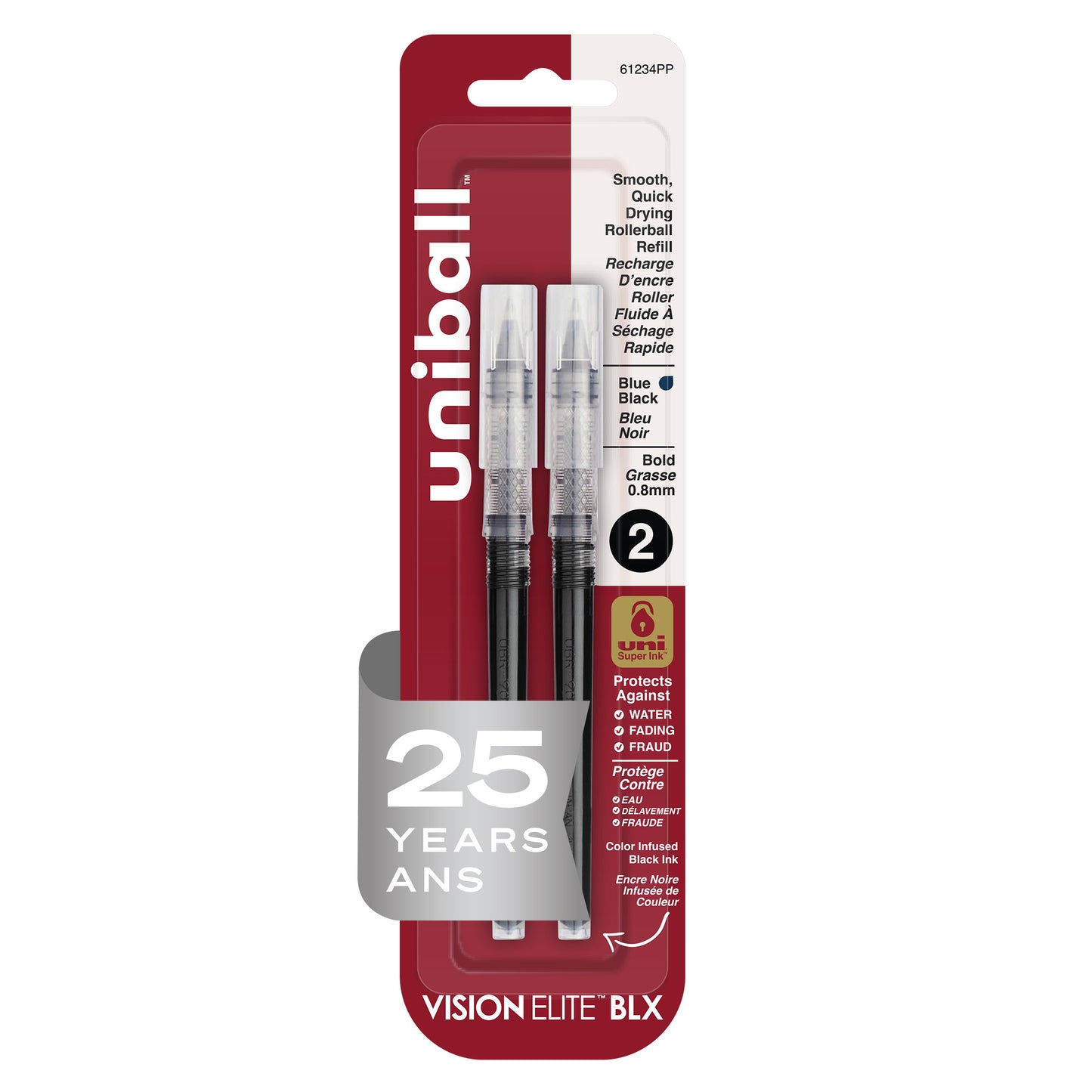 uniball™ Vision Elite BLX Rollerball Pen Refills, Bold Point (0.8mm), Blue BLX Ink, 2 Pack