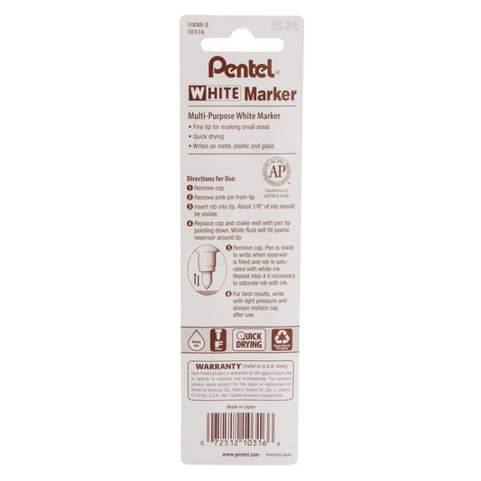 Pentel White Marker Permanent Ink Fine Point 1-Pk (100W-S)