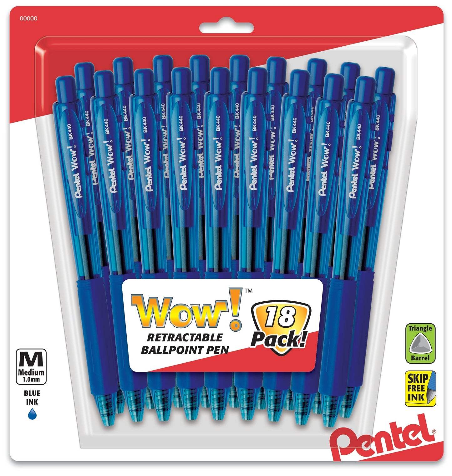 Pentel Wow! Retractable Ballpoint Pen, (1.0mm) Medium Line, NEW Ink, Blue Ink 18-Pk (BK440BP18C)