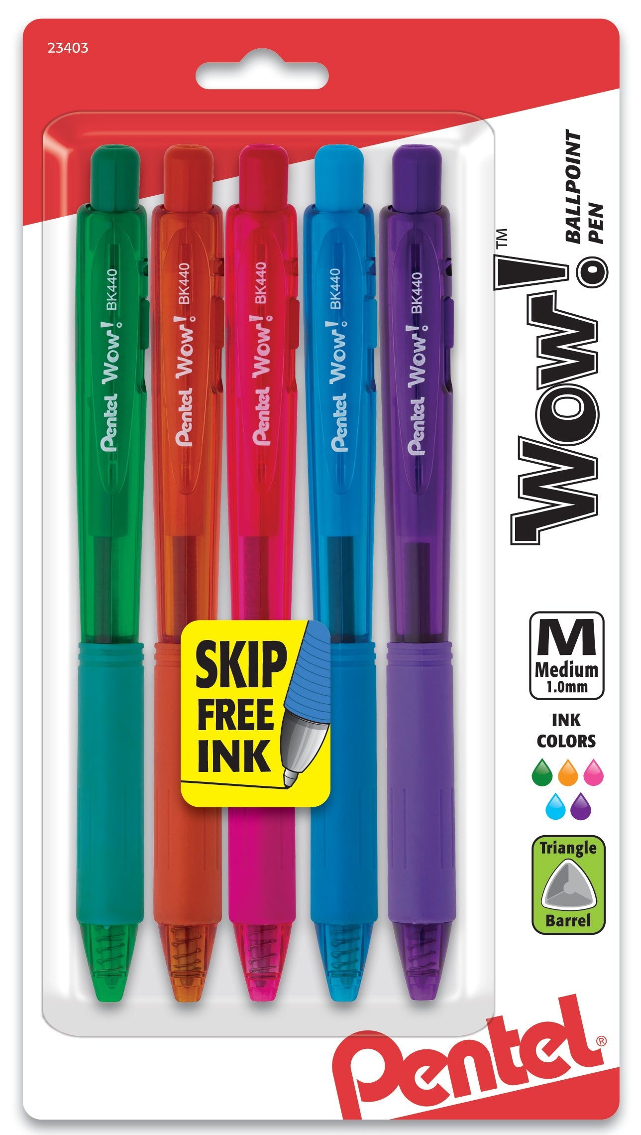 Wow! Retractable Ballpoint Pen, (1.0m) Medium Line, NEW Ink, Assorted Ink (D/F/P/S/V) 5-Pk (BK440CRBP5M)