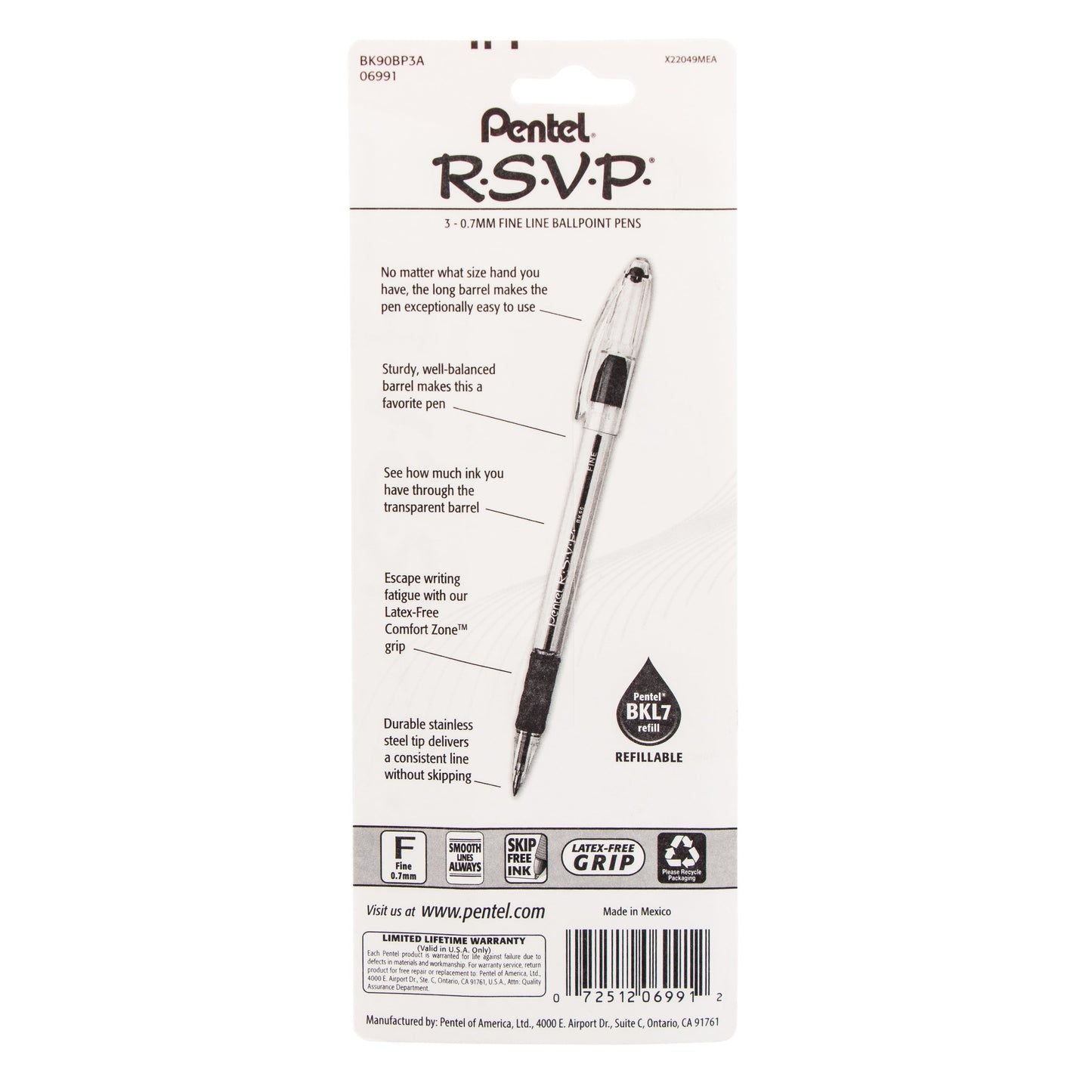 RSVP Ballpoint Pen, (0.7mm) Fine Line, Black Ink 3-Pk (BK90BP3A)