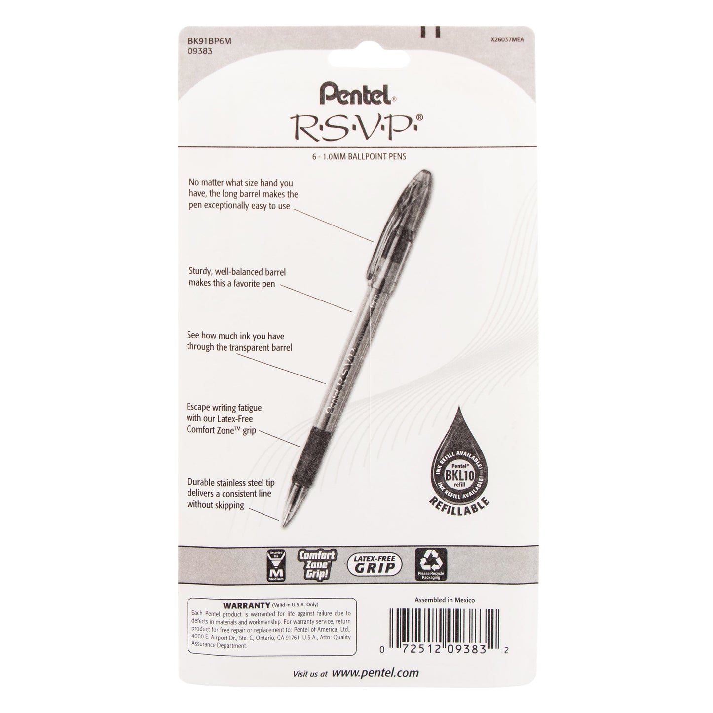 RSVP Ballpoint Pen, (1.0mm) Medium Line, Assorted Ink (A/B/C/D/P/V), 6-Pk (BK91BP6M)