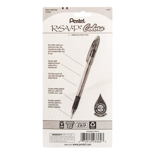 Pentel RSVP COLORS Ballpoint Pen, (1.0mm) Medium Line, Assorted Ink (D/F/P/S/V), 5-Pk (BK91CRBP5M), 144 Each