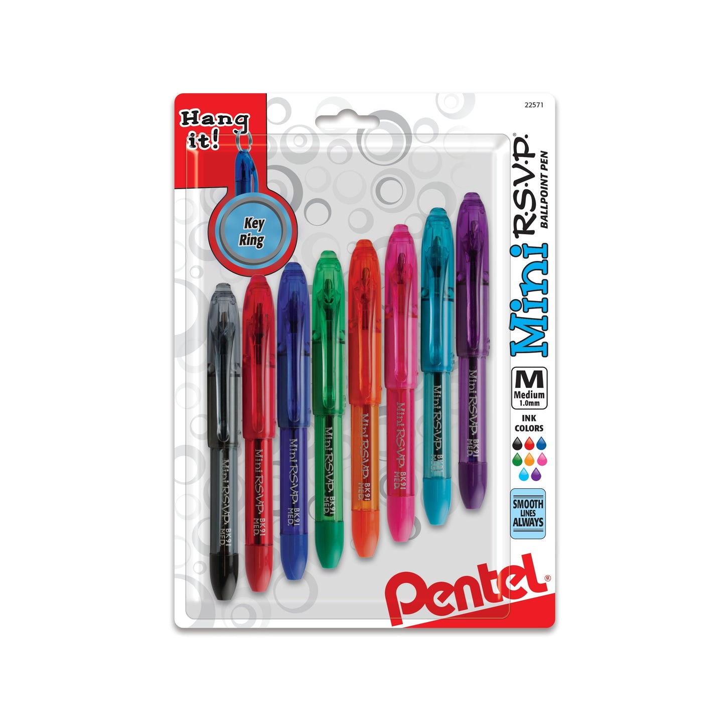 Pentel RSVP Mini Ballpoint Pen, (1.0mm) Medium Line, Assorted Ink (A/B/C/D/F/P/S/V) w/ Key Ring, 8-Pk (BK91MNBP8M)