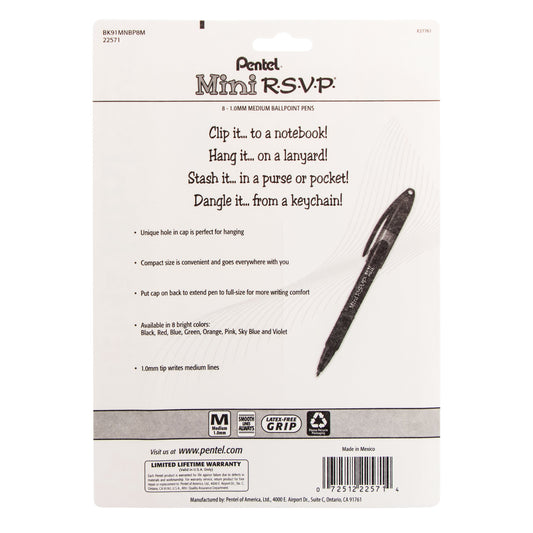 Pentel RSVP Mini Ballpoint Pen, (1.0mm) Medium Line, Assorted Ink (A/B/C/D/F/P/S/V) w/ Key Ring, 8-Pk (BK91MNBP8M), 72 Each