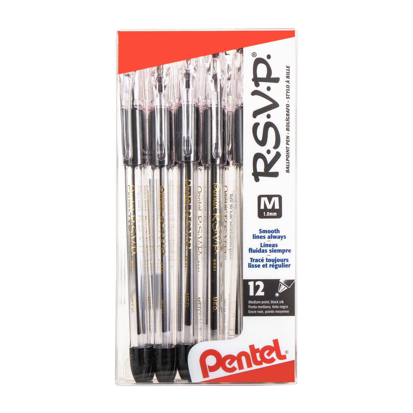 RSVP Ballpoint Pen, (1.0mm) Medium Line, 12-Black Ink Pen in Clear plastic box (BK91PC12A)