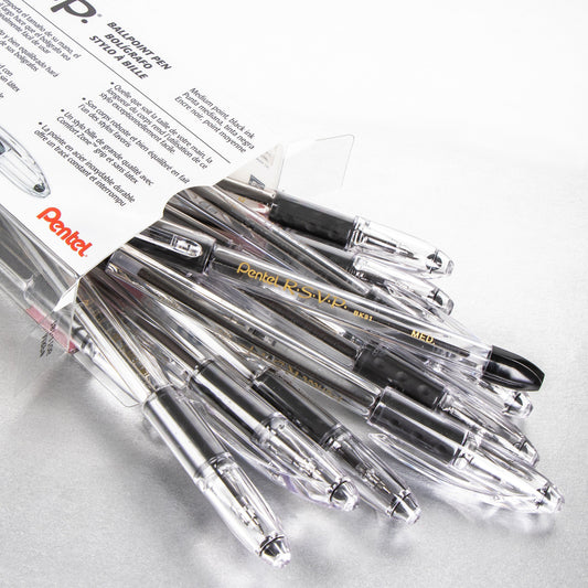 RSVP Ballpoint Pen, (1.0mm) Medium Line, 12-Black Ink Pen in Clear plastic box (BK91PC12A)