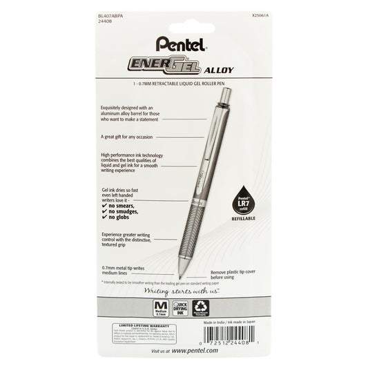 Pentel EnerGel Alloy Retractable Premium Liquid Gel Pen, (0.7mm) Black Barrel, Black Ink 1-Pk (BL407ABPA)