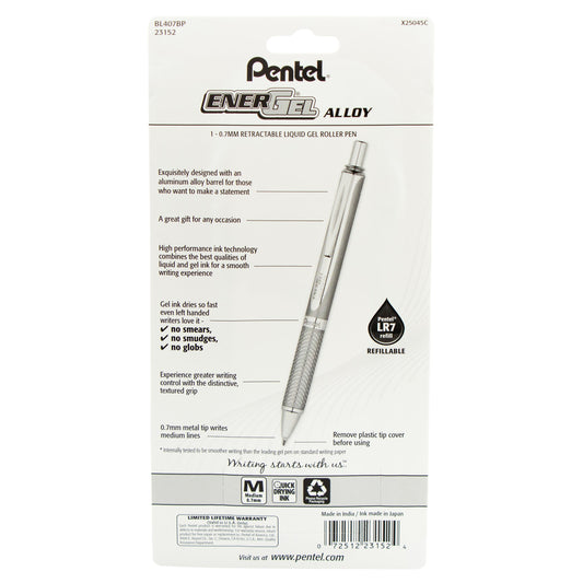 Pentel EnerGel Alloy Retractable Premium Liquid Gel Pen, (0.7mm) Silver Barrel, Black Ink 1-Pk (BL407BP), 72 Each