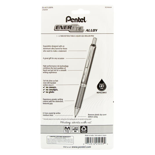 Pentel EnerGel Alloy Retractable Premium Liquid Gel Pen, (0.7mm) Aquamarine Barrel, Black Ink 1-Pk (BL407LSBPA), 72 Each