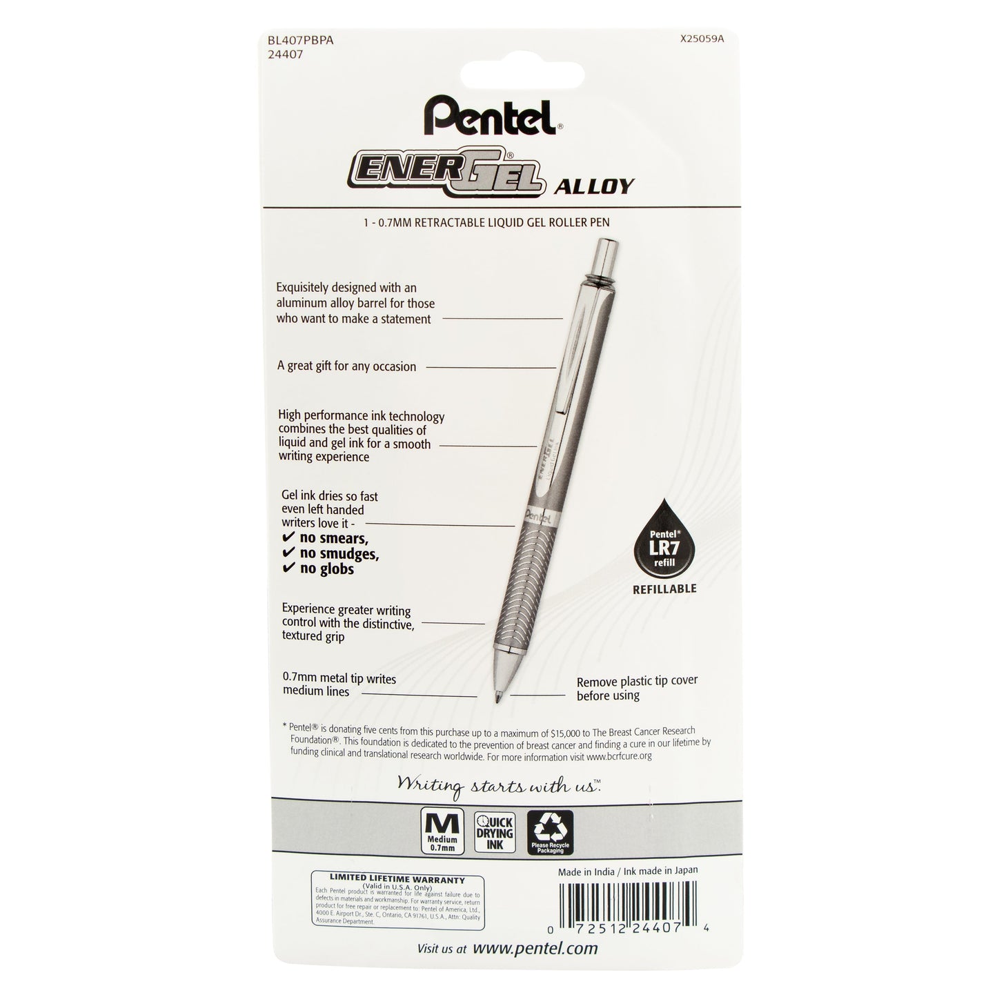 Pentel PINK BCA EnerGel Alloy Retractable Premium Liquid Gel Pen, (0.7mm) Metal Tip, Medium Line, Pink Barrel, Black Ink 1-Pk (BL407PBPA), 72 Each