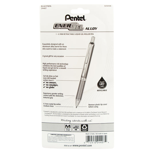Pentel PINK BCA EnerGel Alloy Retractable Premium Liquid Gel Pen, (0.7mm) Metal Tip, Medium Line, Pink Barrel, Black Ink 1-Pk (BL407PBPA), 72 Each
