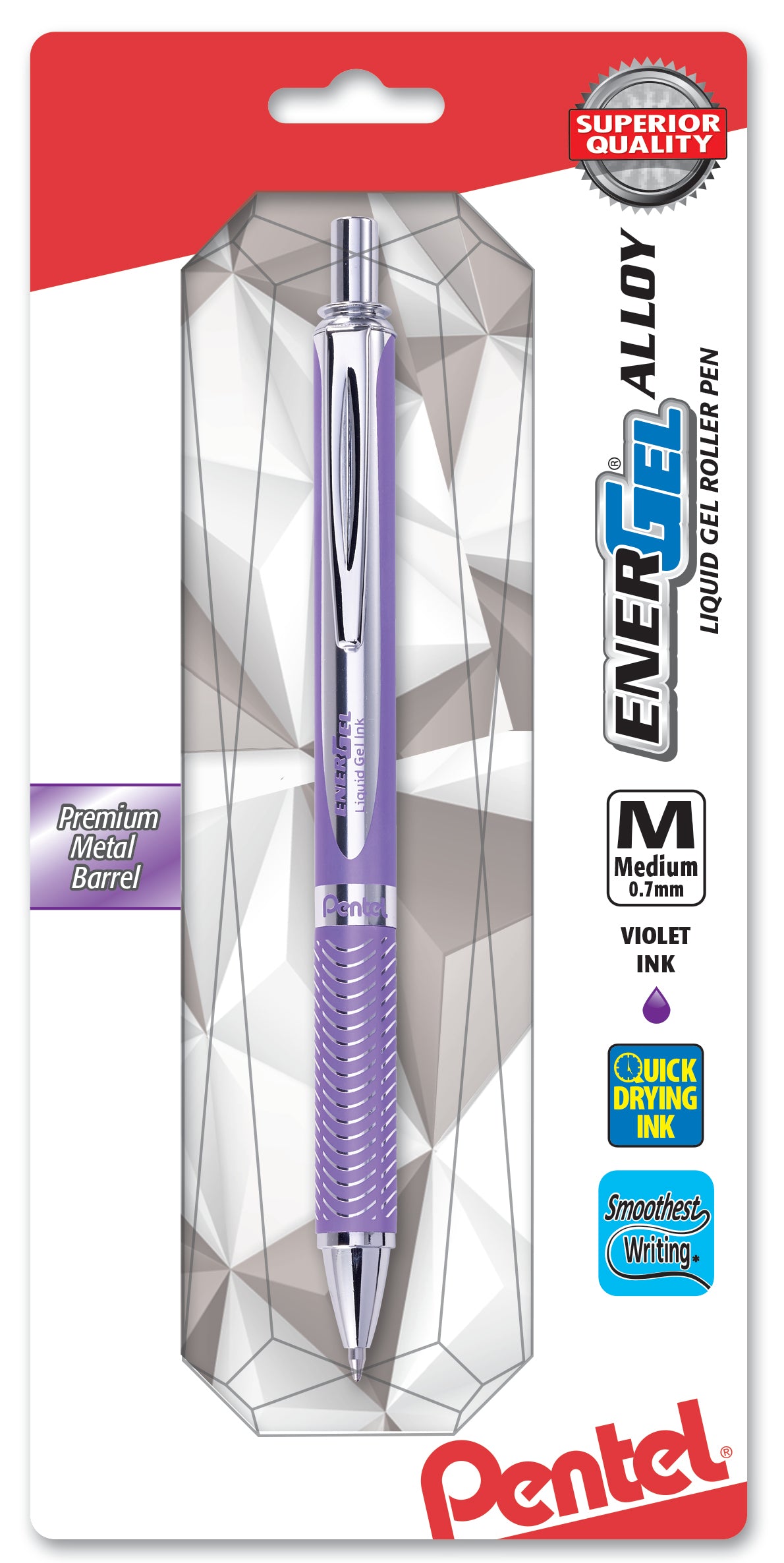 Pentel EnerGel Alloy Retractable Premium Liquid Gel Pen, (0.7mm) Metal Tip, Medium Line, Violet Barrel, Violet Ink, 1-Pk (BL407VBPV)