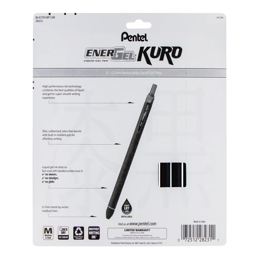 Pentel EnerGel Kuro Liquid Gel Pen, (0.7mm) Medium line, Assorted Ink (A,B,C,CA,D,E,F,K,P,S,S3,V), 12-pk (BL437R1BP12M)