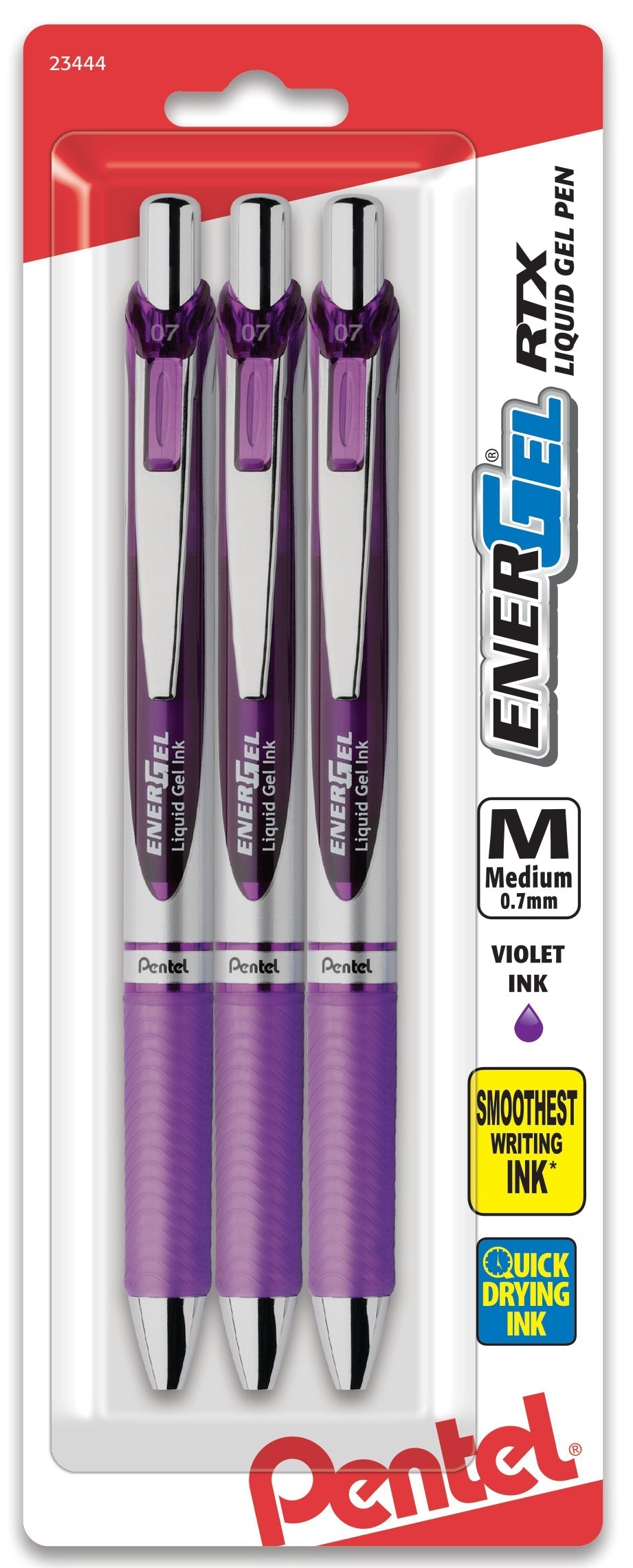 Pentel EnerGel RTX Retractable Liquid Gel Pen, (0.7mm) Metal Tip, Medium Line, Violet Ink 3-Pk (BL77BP3V), 144 Each