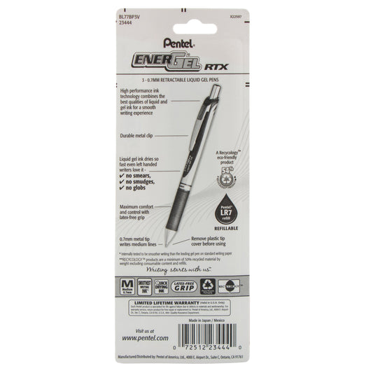 Pentel EnerGel RTX Retractable Liquid Gel Pen, (0.7mm) Metal Tip, Medium Line, Violet Ink 3-Pk (BL77BP3V), 144 Each