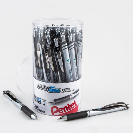 Pentel EnerGel RTX Retractable Liquid Gel Pen, (0.7mm) Metal Tip, Medium Line, Canister Black Ink, 36pk (BL77PC36A), 8 Each
