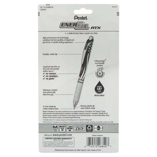 Pentel EnerGel RTX Retractable Liquid Gel Pen, Flag Barrel, (0.7mm) Metal Tip, Medium Line, Black Ink, 5-Pk (BL77USABP5A)