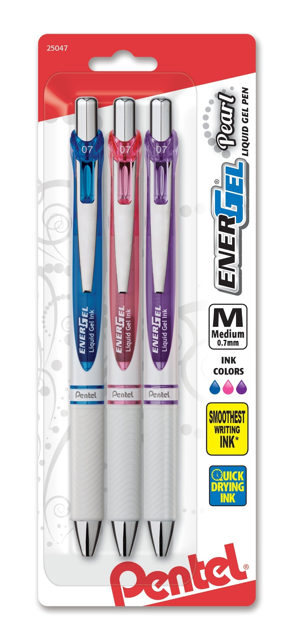 Pentel EnerGel Pearl Retractable Liquid Gel Pen, (0.7mm) Metal Tip, Medium Line,, Assorted Ink (C/P/V), 3-Pk (BL77WBP3M1)