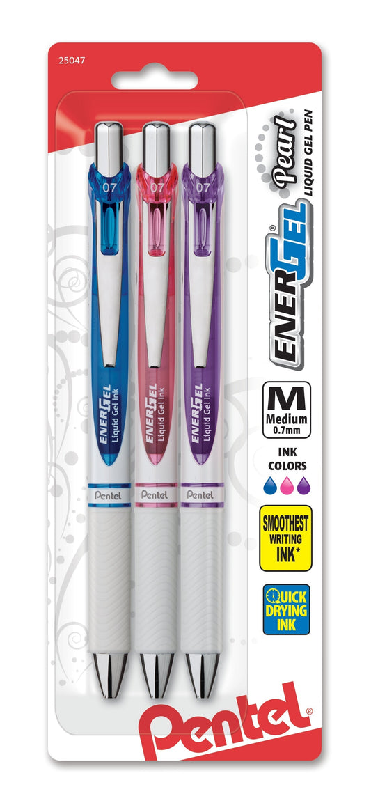 Pentel EnerGel Pearl Retractable Liquid Gel Pen, (0.7mm) Metal Tip, Medium Line,, Assorted Ink (C/P/V), 3-Pk (BL77WBP3M1), 144 Each